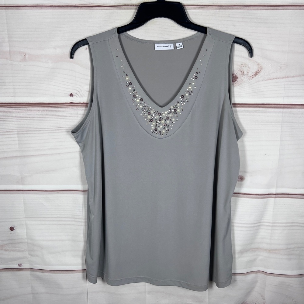 Susan Graver Liquid Knit Tank Top Women 1X Gray V-Neck Embellished Beaded Solid